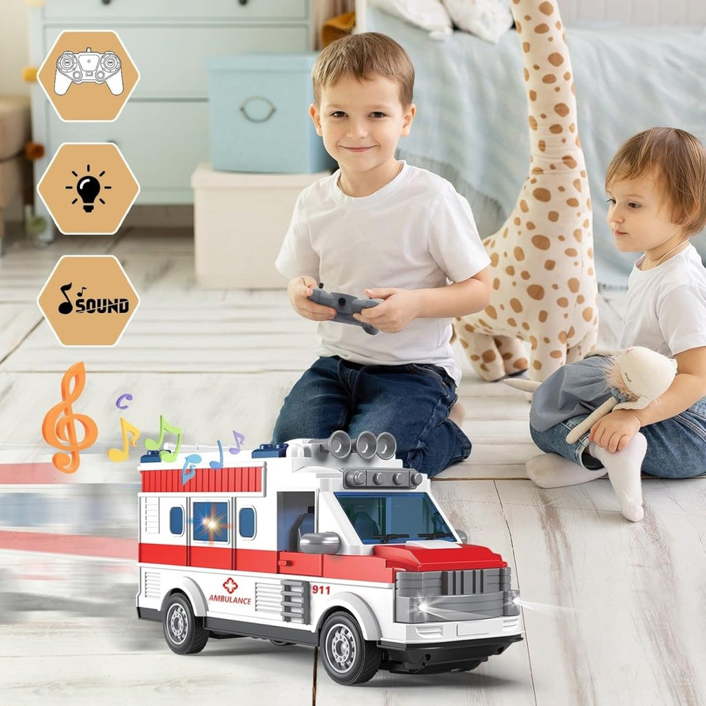 2.4G Remote Control Ambulance – Flashing Lights & Rescue Sound Emergency Truck for Kids