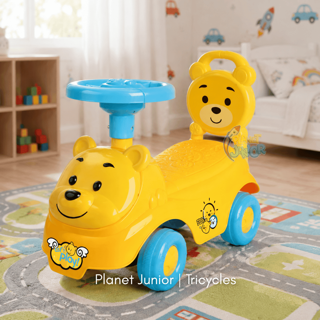 🐻 Cute Pooh Bear-Themed Kids Push Ride-On Car with Steering Wheel & Backrest
