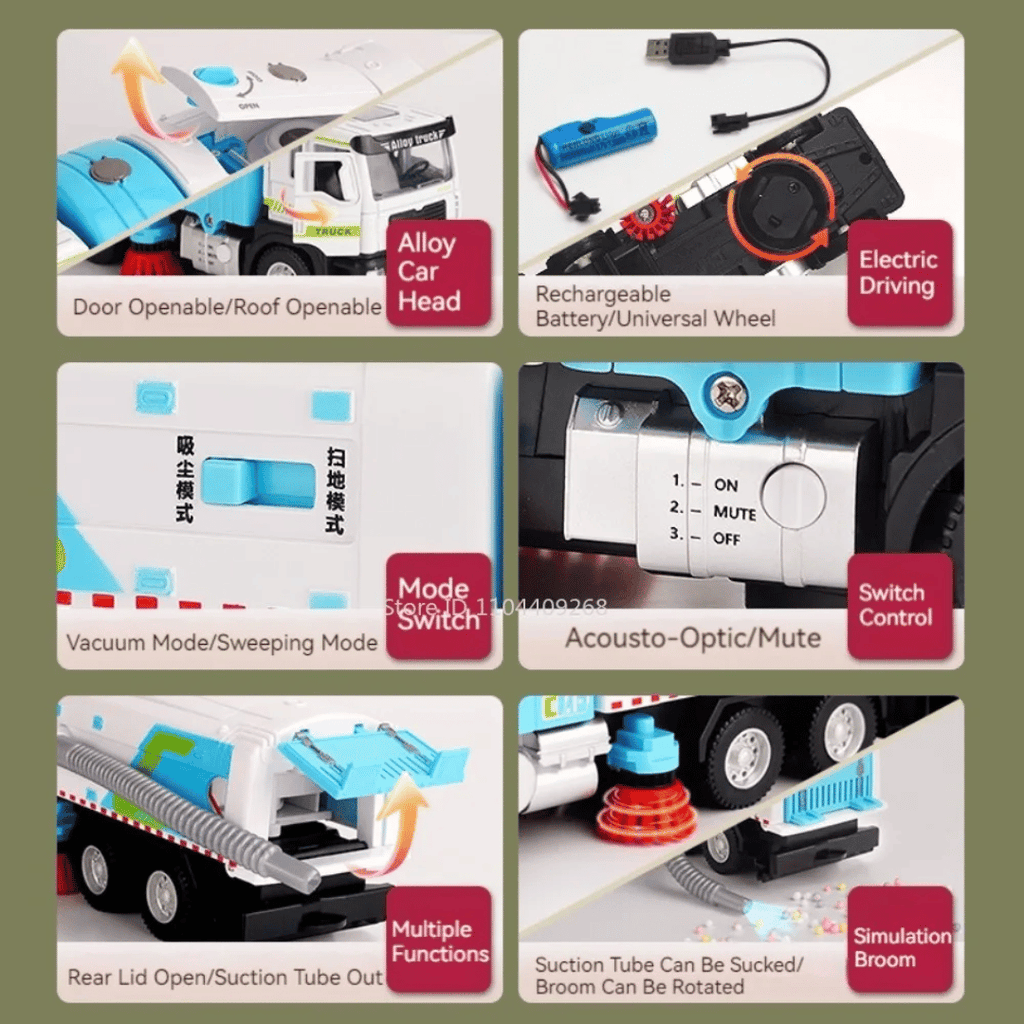 🚛 1:50 Alloy Sweeper Garbage Truck Toy – City Cleaning Vehicle with Rotating Broom, Vacuum &amp; Lights