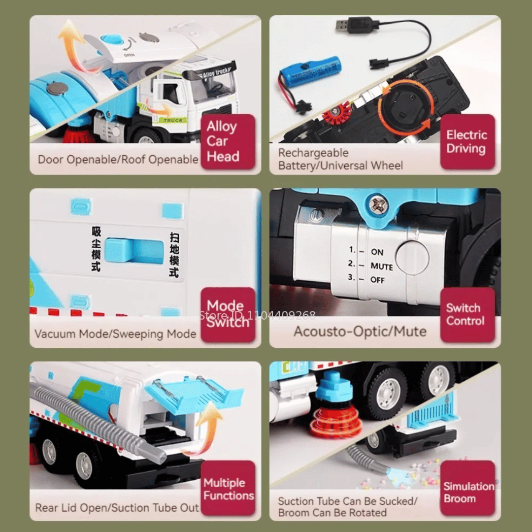 🚛 1:50 Alloy Sweeper Garbage Truck Toy – City Cleaning Vehicle with Rotating Broom, Vacuum &amp; Lights