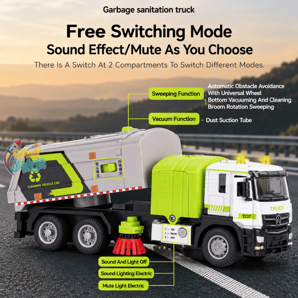 🚛 1:50 Alloy Sweeper Garbage Truck Toy – City Cleaning Vehicle with Rotating Broom, Vacuum &amp; Lights