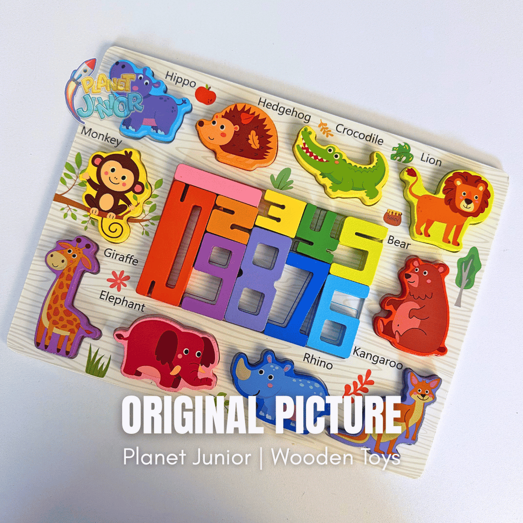 2-in-1 Wooden Number Puzzle Board – Animals & Vehicles