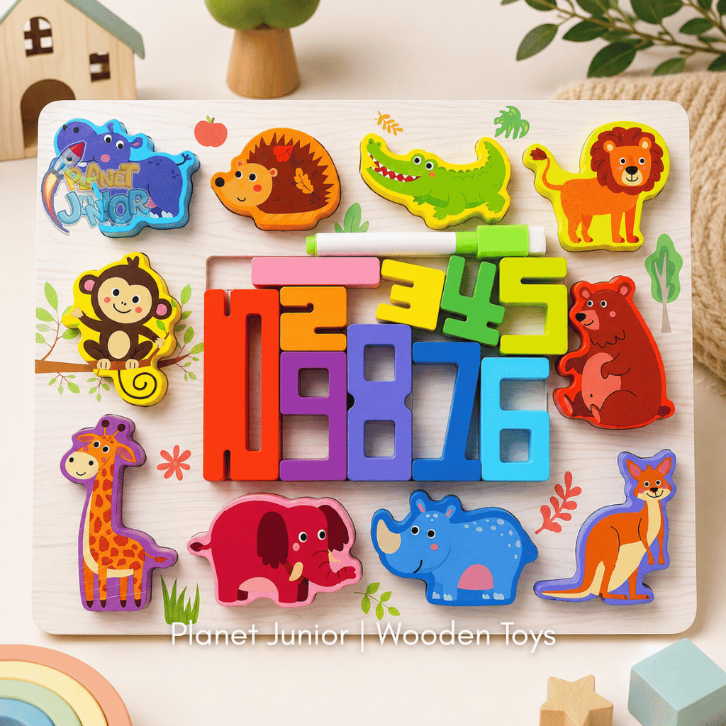 2-in-1 Wooden Number Puzzle Board – Animals & Vehicles