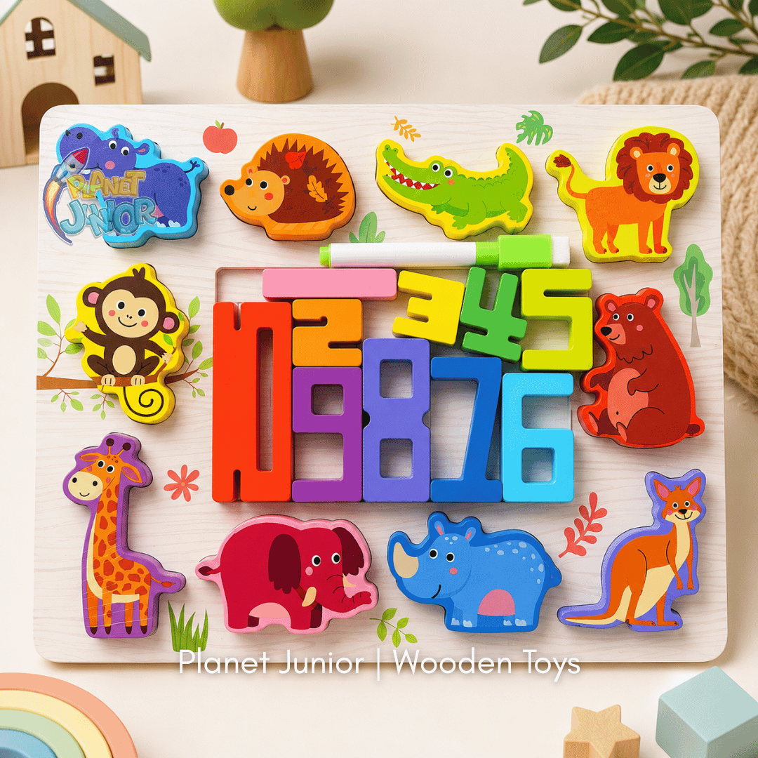 2-in-1 Wooden Number Puzzle Board – Animals & Vehicles