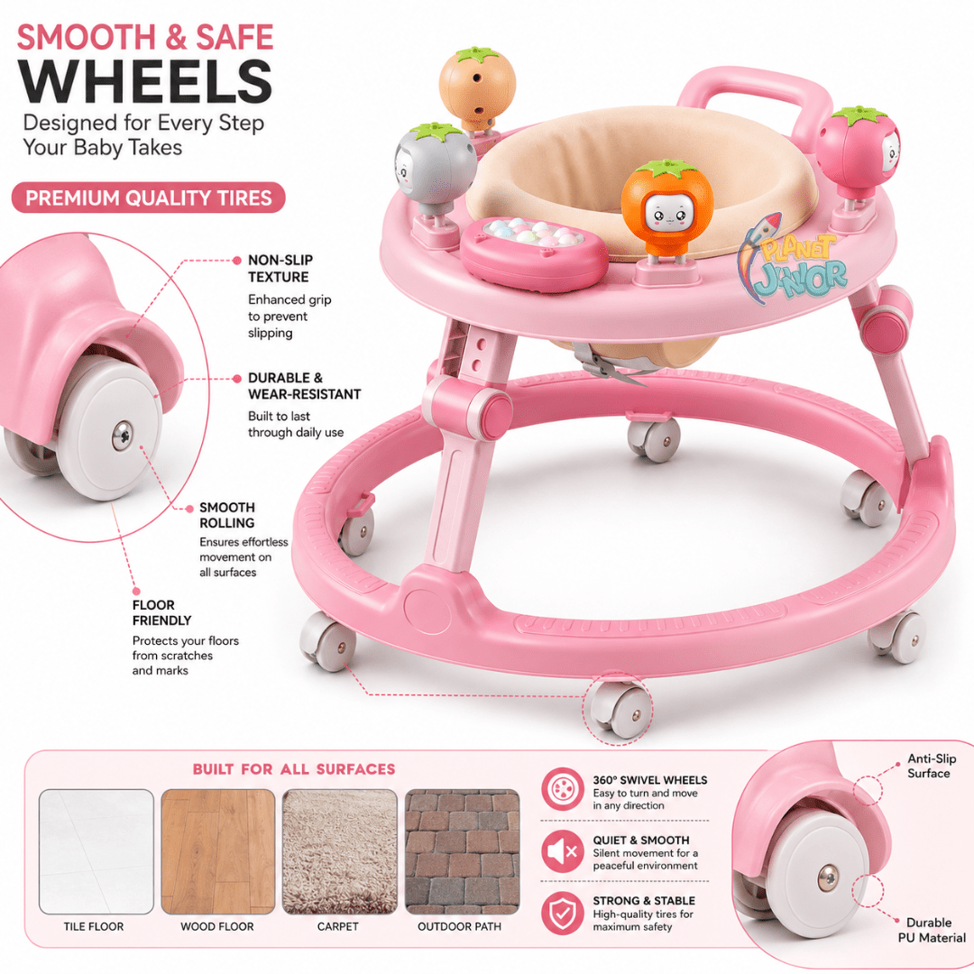 Foldable Baby Walker with Cute Fruit Activity Tray