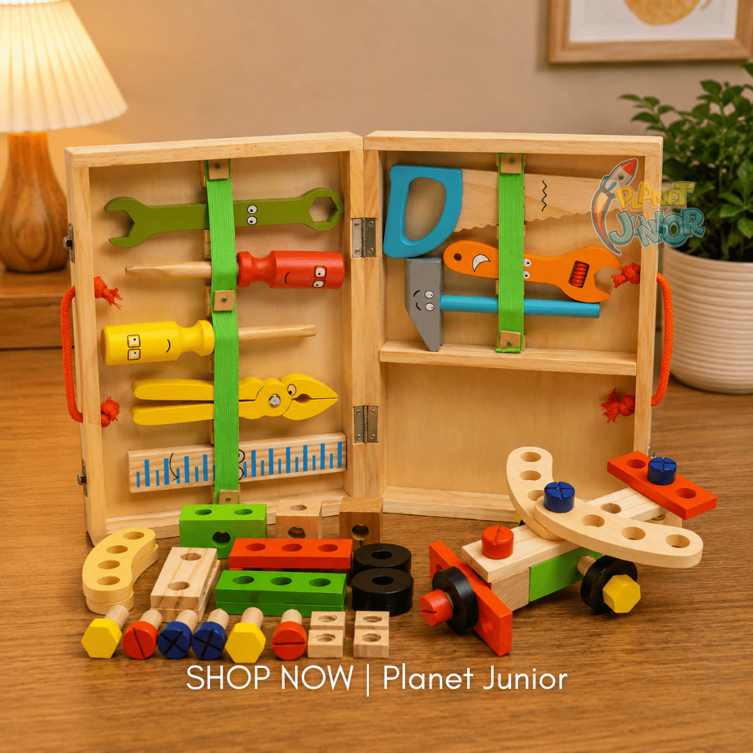 34 PCS Wooden Tool Box & Construction Set for Kids