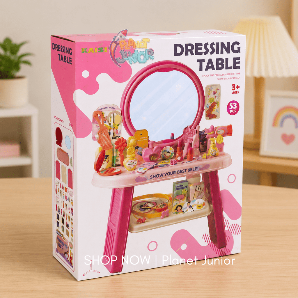 Kids Pink Dressing Table with Mirror, Beauty Accessories & Storage Shelf