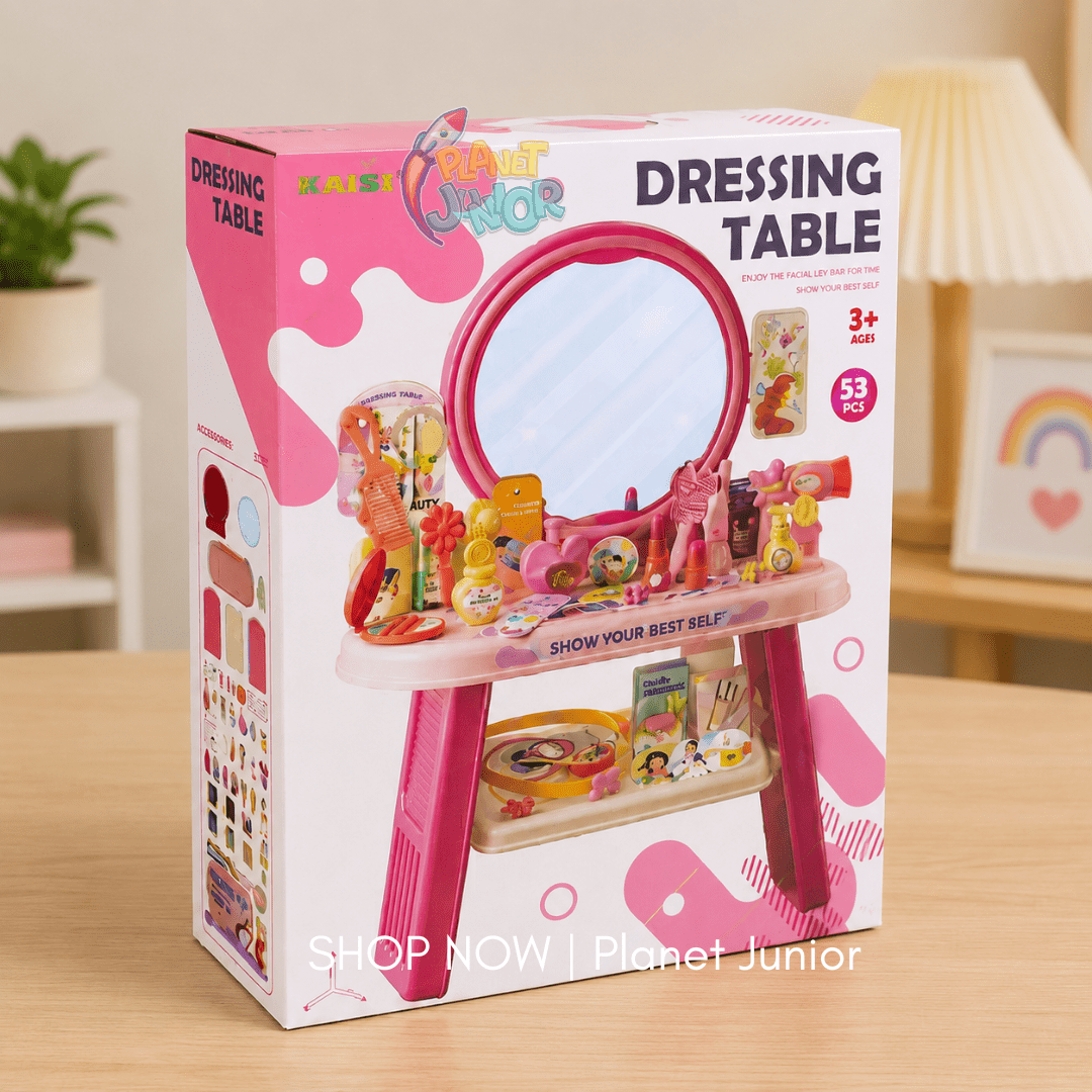 Kids Pink Dressing Table with Mirror, Beauty Accessories & Storage Shelf