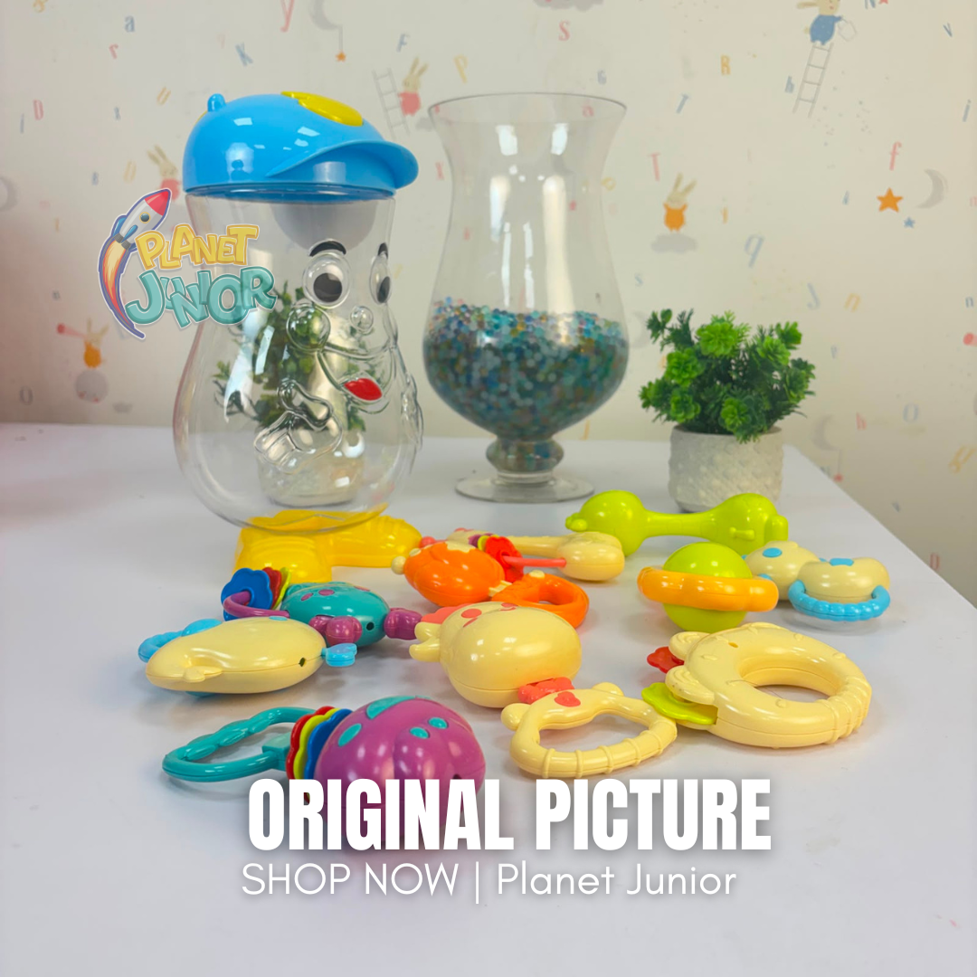 Colorful Baby Rattle & Teether Toy Set with Character Storage Container