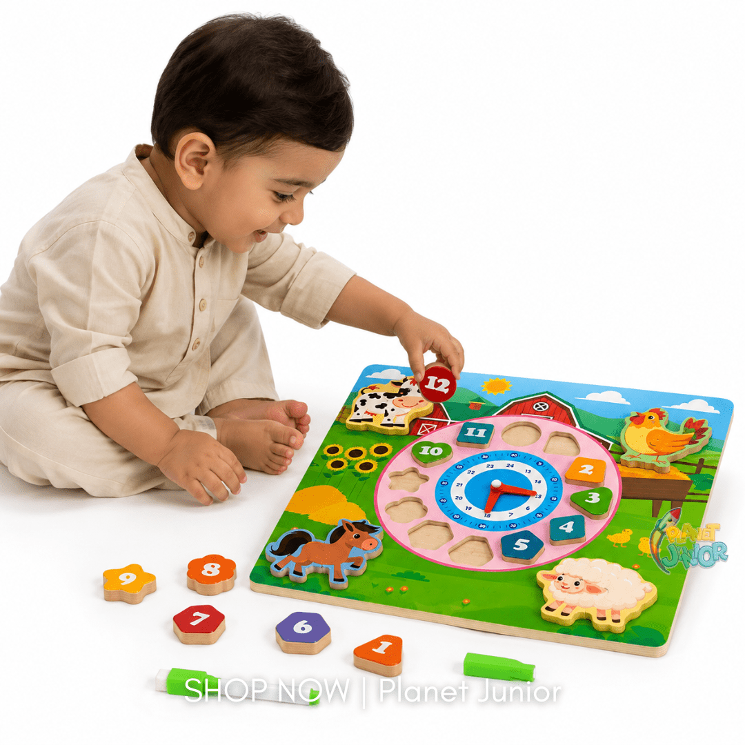 Wooden Farm Animal Clock & Tracing Learning Board