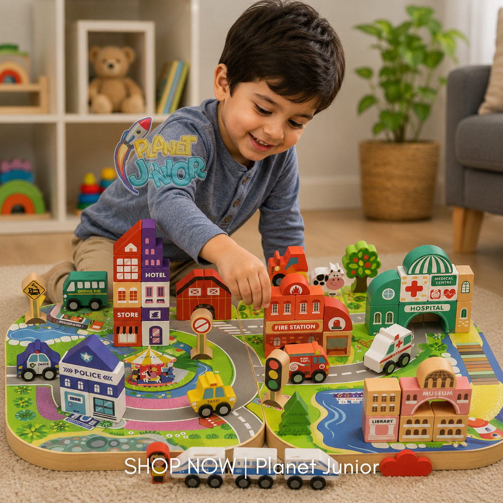 Wooden Mini City Building Blocks & Vehicle Playset for Kids