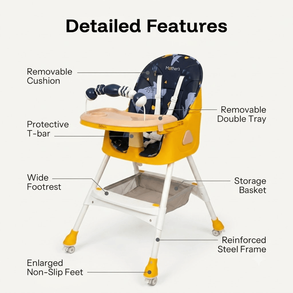 MotherCare Baby Feeding High Chair with Toy Bar - Blue & Yellow