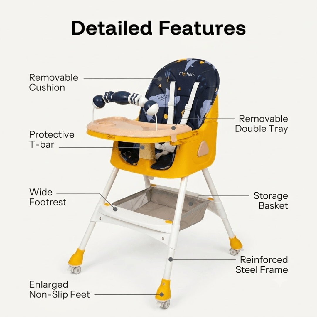 MotherCare Baby Feeding High Chair with Toy Bar - Blue & Yellow