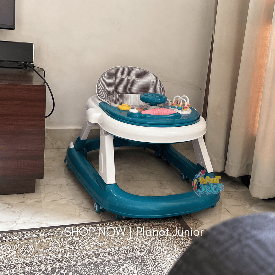 Height Adjustable & Foldable Baby Walker with Steering Wheel Activity Tray