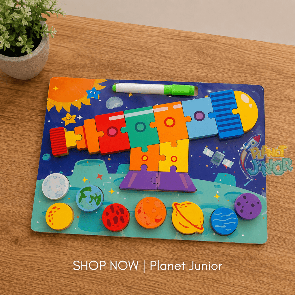 Wooden 2-in-1 Space Puzzle & Whiteboard Learning Board for Kids