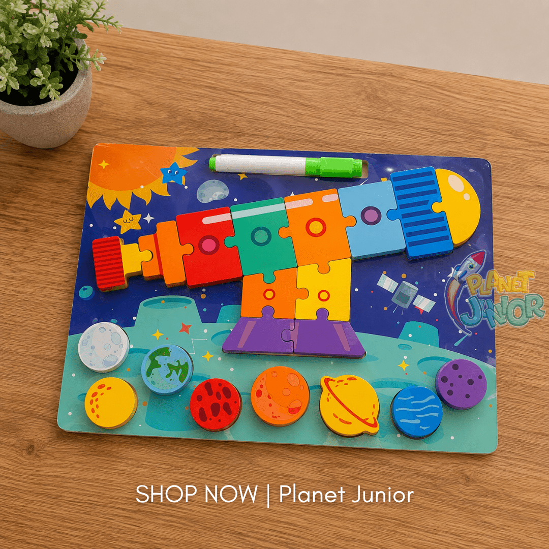 Wooden 2-in-1 Space Puzzle & Whiteboard Learning Board for Kids