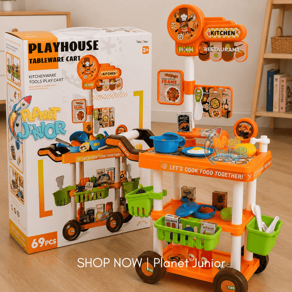 69-Piece Kids Playhouse Kitchen & Restaurant Tableware Cart Pretend Play Set
