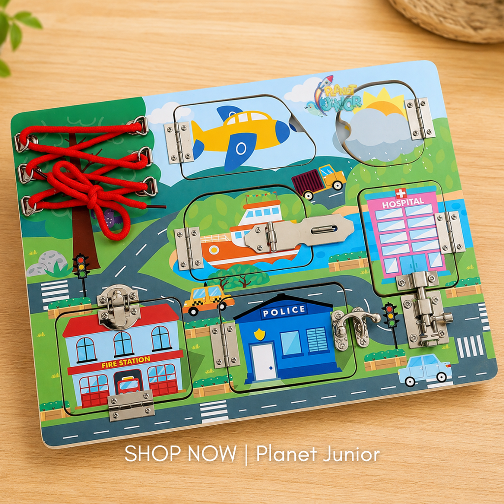 Wooden Transportation Busy Board with Locks, Latches & Lacing Activities