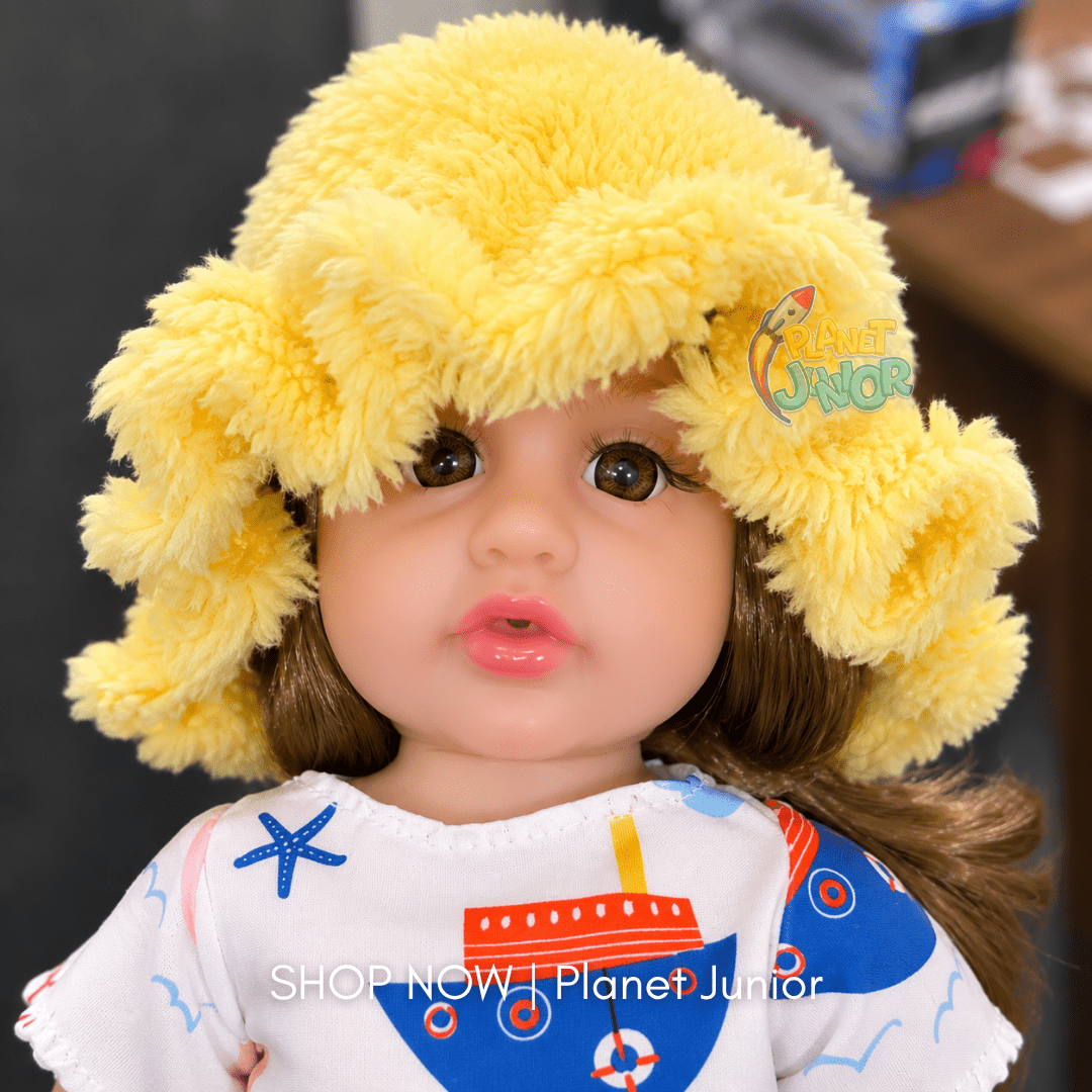 Adorable Baby Girl Doll with Fluffy Hat & Printed Outfit