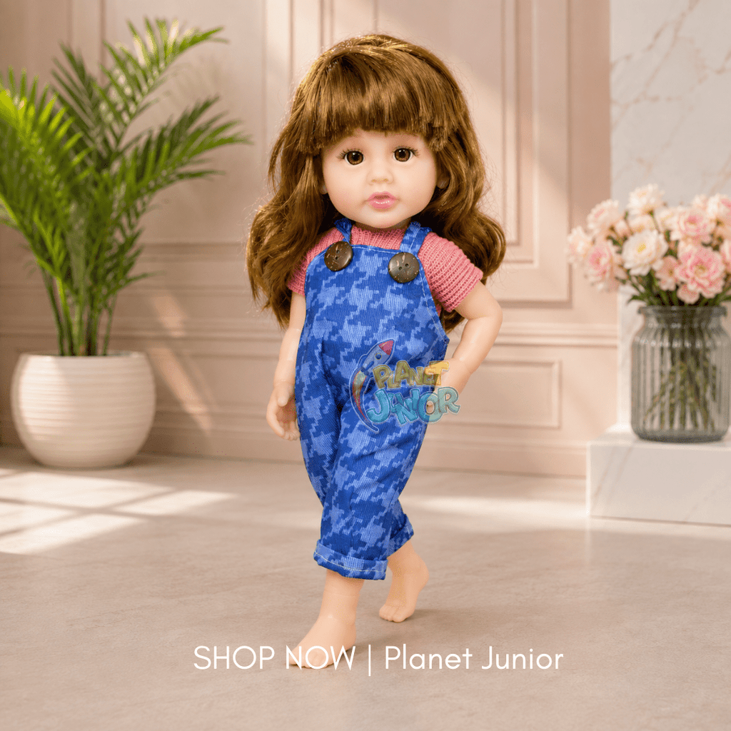 Adorable Fashion Girl Doll with Blue Overalls & Long Hair