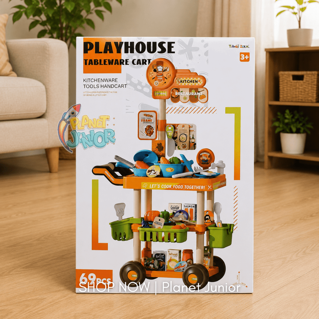 69-Piece Kids Playhouse Kitchen & Restaurant Tableware Cart Pretend Play Set