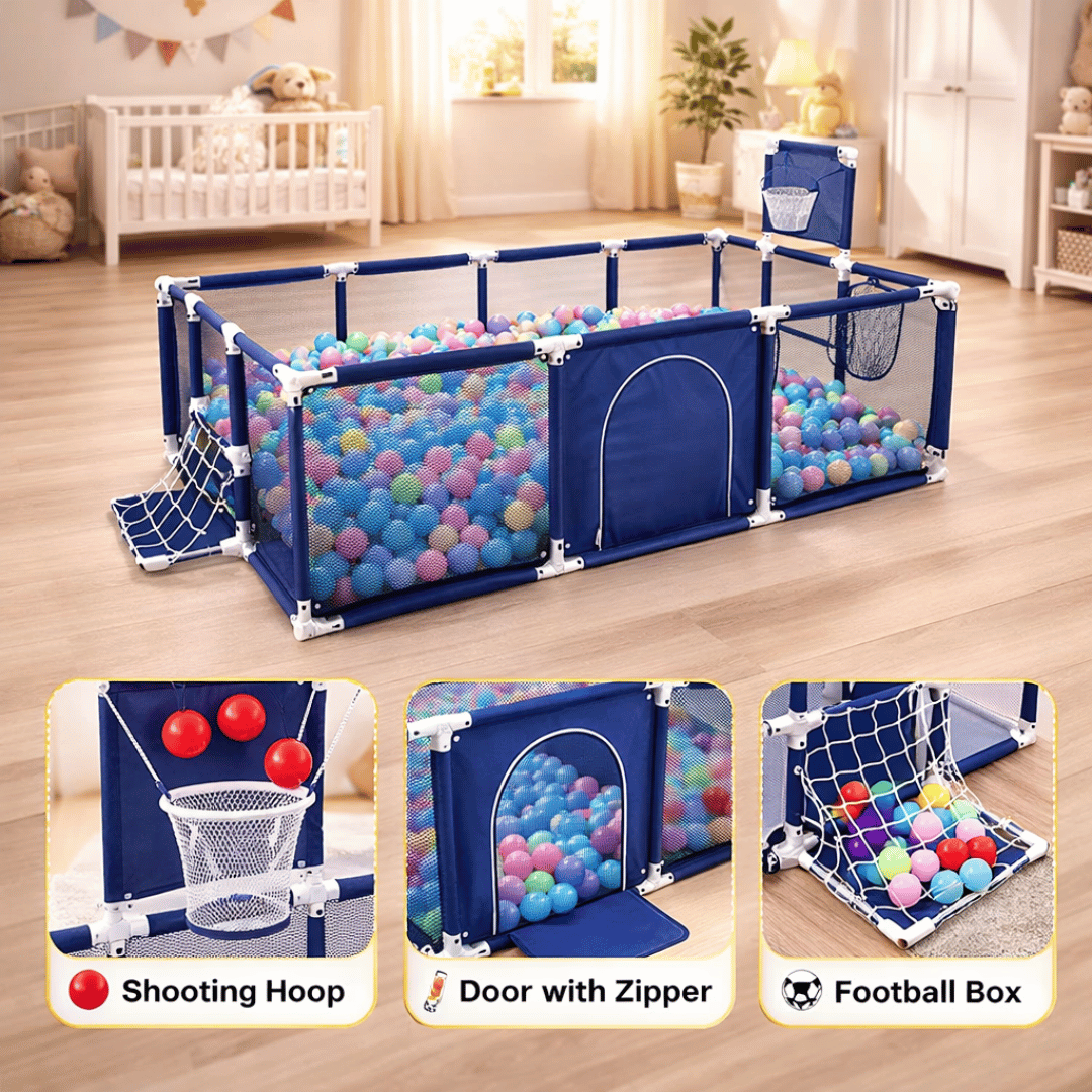 3-in-1 Kids Ball Pit Playpen Arena – Basketball Hoop & Football Goal Set 🏀⚽🎪