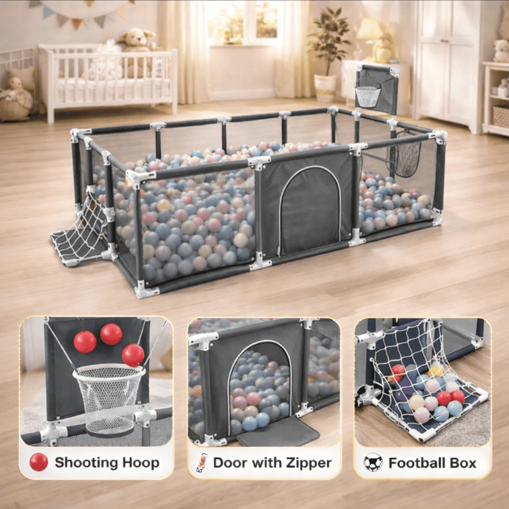 3-in-1 Kids Ball Pit Playpen Arena – Basketball Hoop & Football Goal Set 🏀⚽🎪