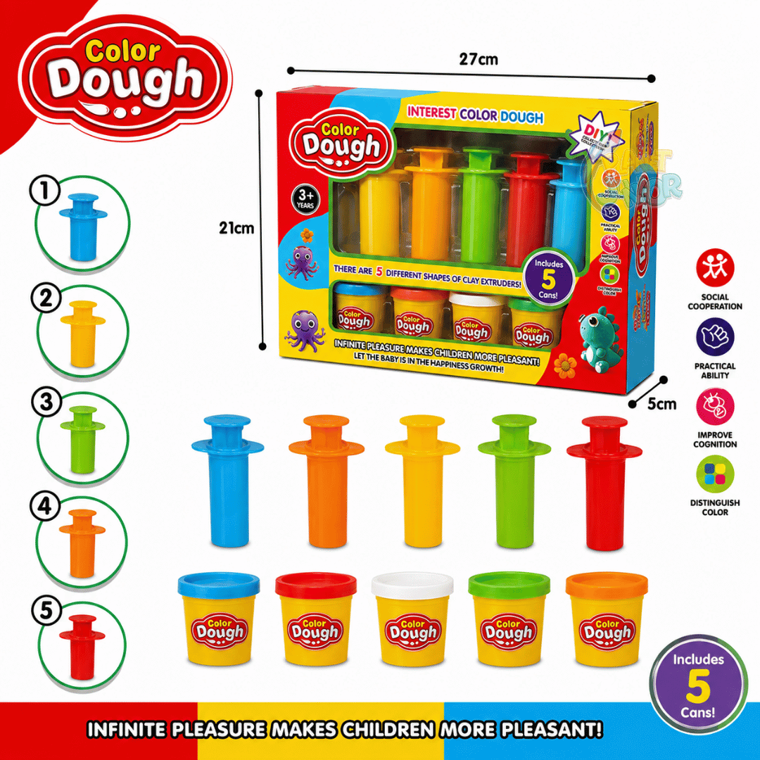 Color Dough Play Set with 5 Dough Cans & 5 Extruder Tools
