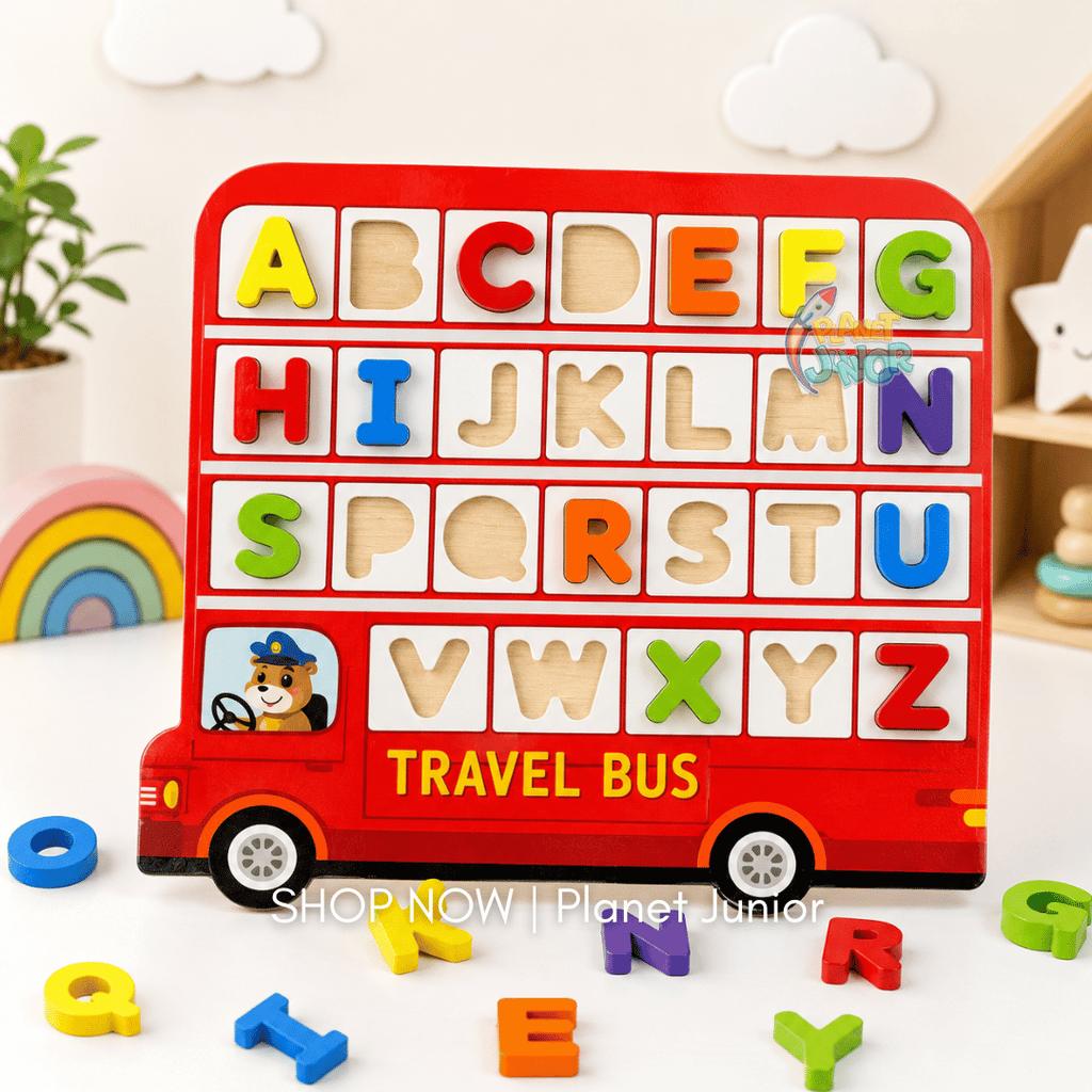 Wooden Alphabet Matching Puzzle Board – Travel Bus Theme