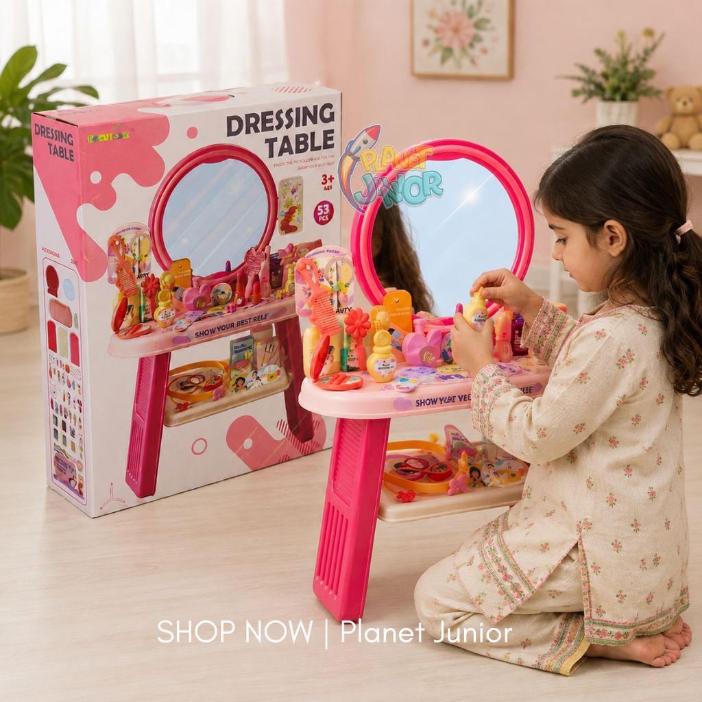 Kids Pink Dressing Table with Mirror, Beauty Accessories & Storage Shelf