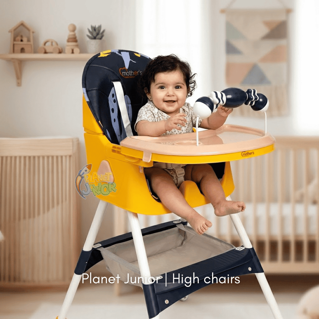MotherCare Baby Feeding High Chair with Toy Bar - Blue & Yellow