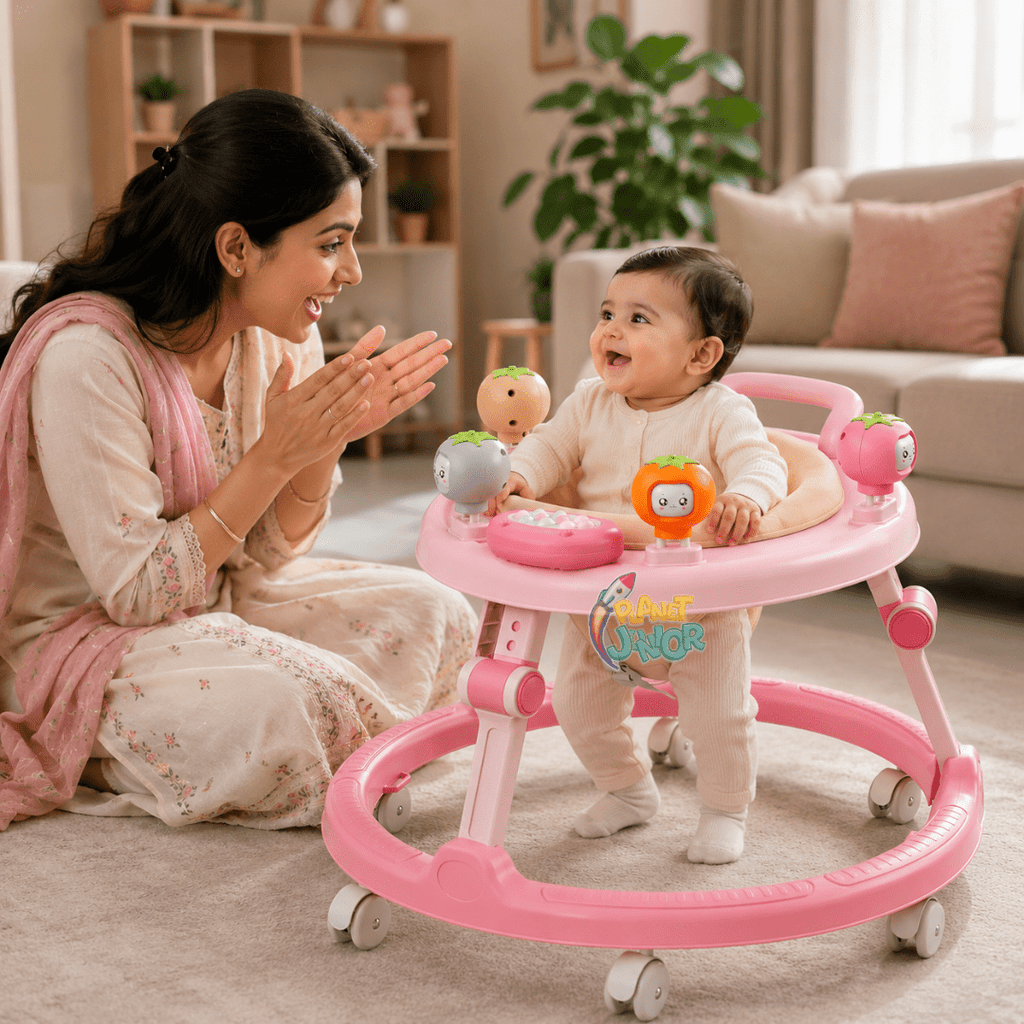 Foldable Baby Walker with Cute Fruit Activity Tray