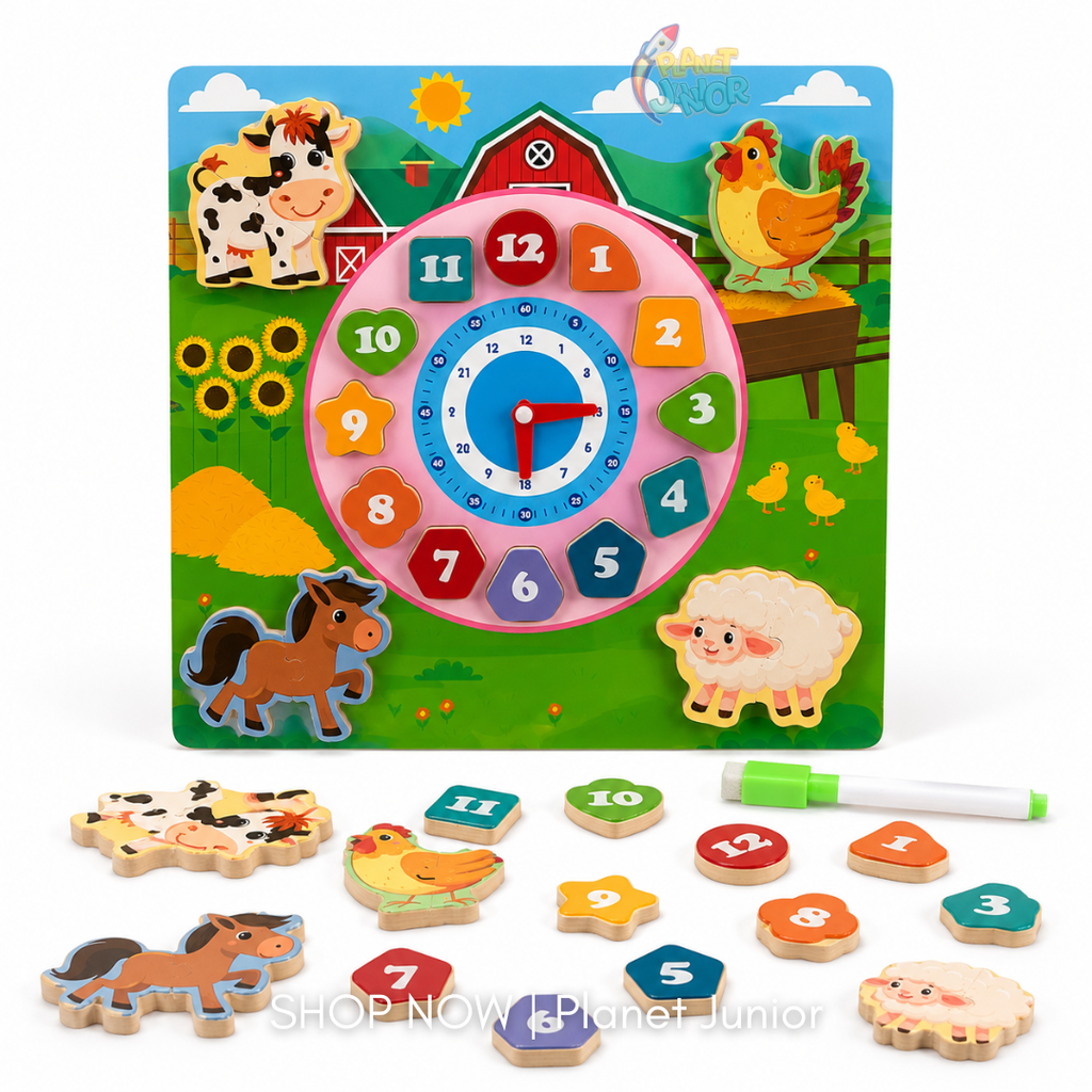 Wooden Farm Animal Clock & Tracing Learning Board