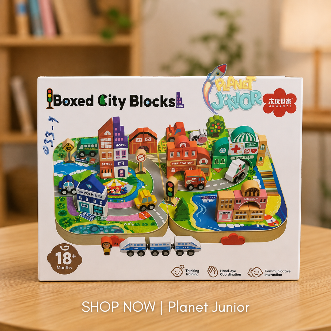Wooden Mini City Building Blocks & Vehicle Playset for Kids