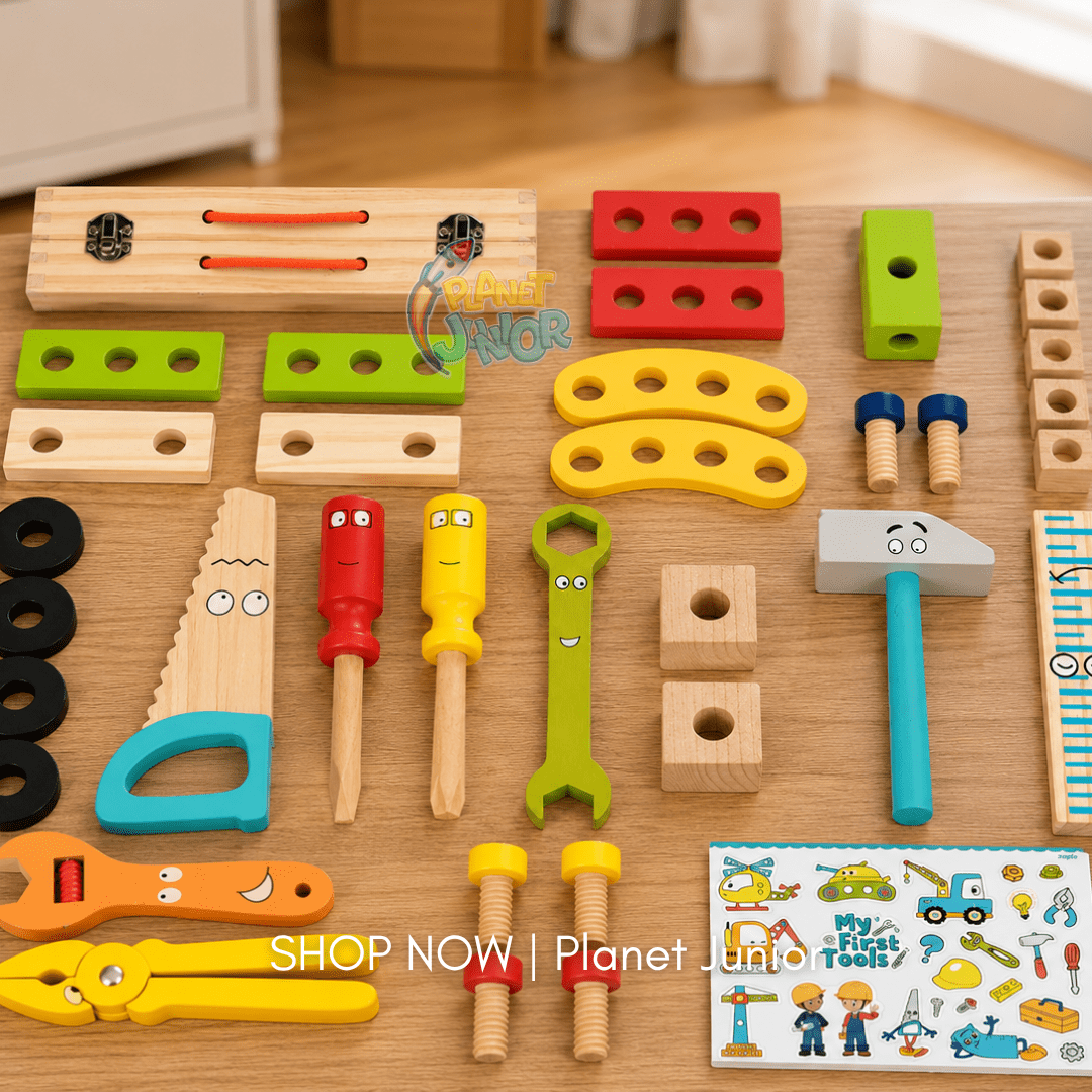 34 PCS Wooden Tool Box & Construction Set for Kids