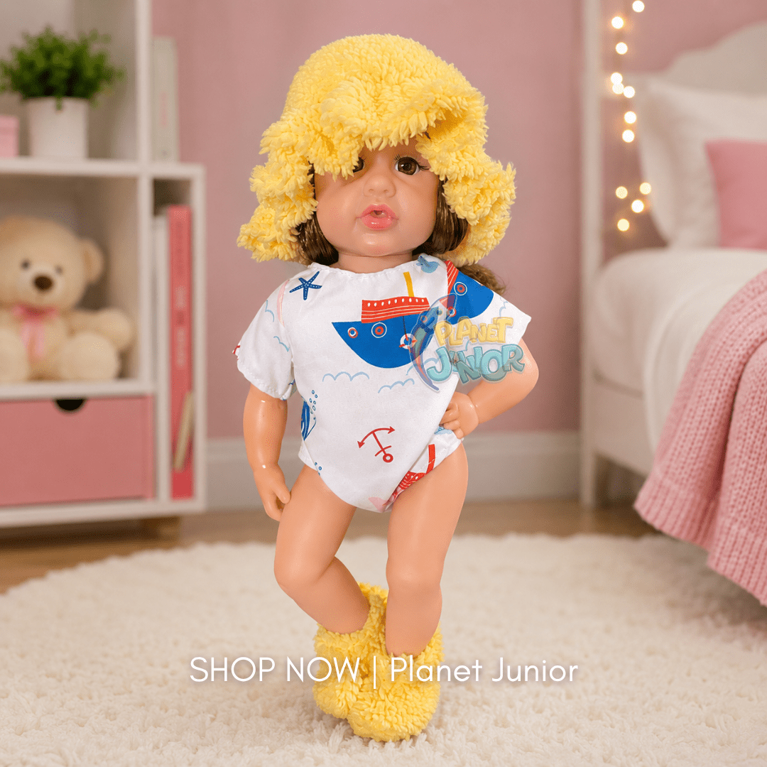 Adorable Baby Girl Doll with Fluffy Hat & Printed Outfit