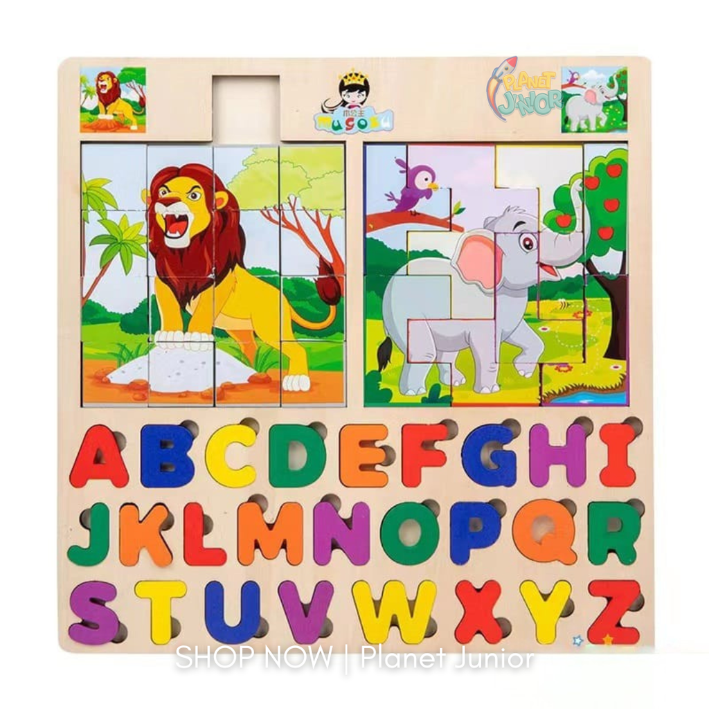 Wooden Alphabet & Animal Sliding Puzzle Learning Board
