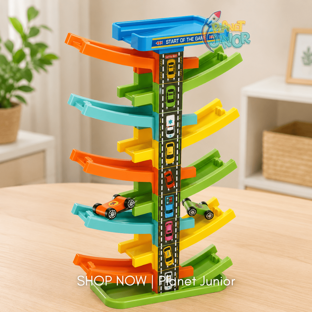 DIY Gliding Rail Car Multi-Level Racing Track Set with 8 Slide Cars
