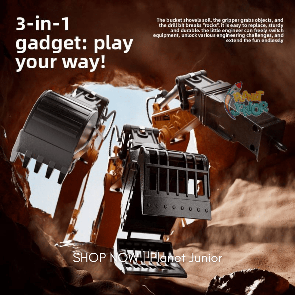 3-in-1 RC Excavator Construction Machine with Interchangeable Attachments, Smoke, Lights & Sound