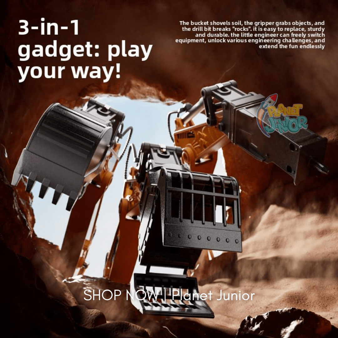 3-in-1 RC Excavator Construction Machine with Interchangeable Attachments, Smoke, Lights & Sound