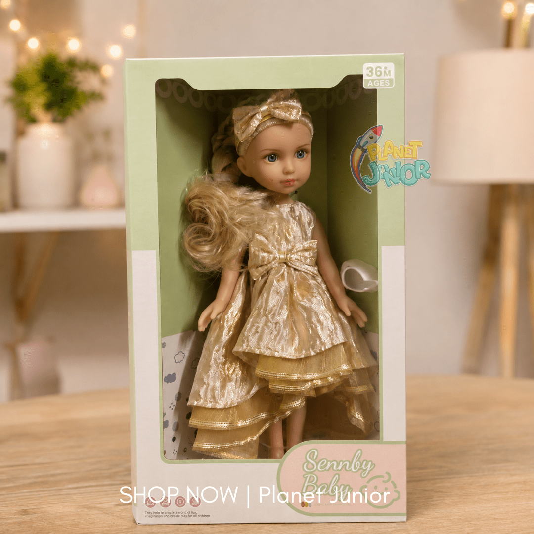 Elegant Fashion Doll with Golden Party Dress & Matching Headband