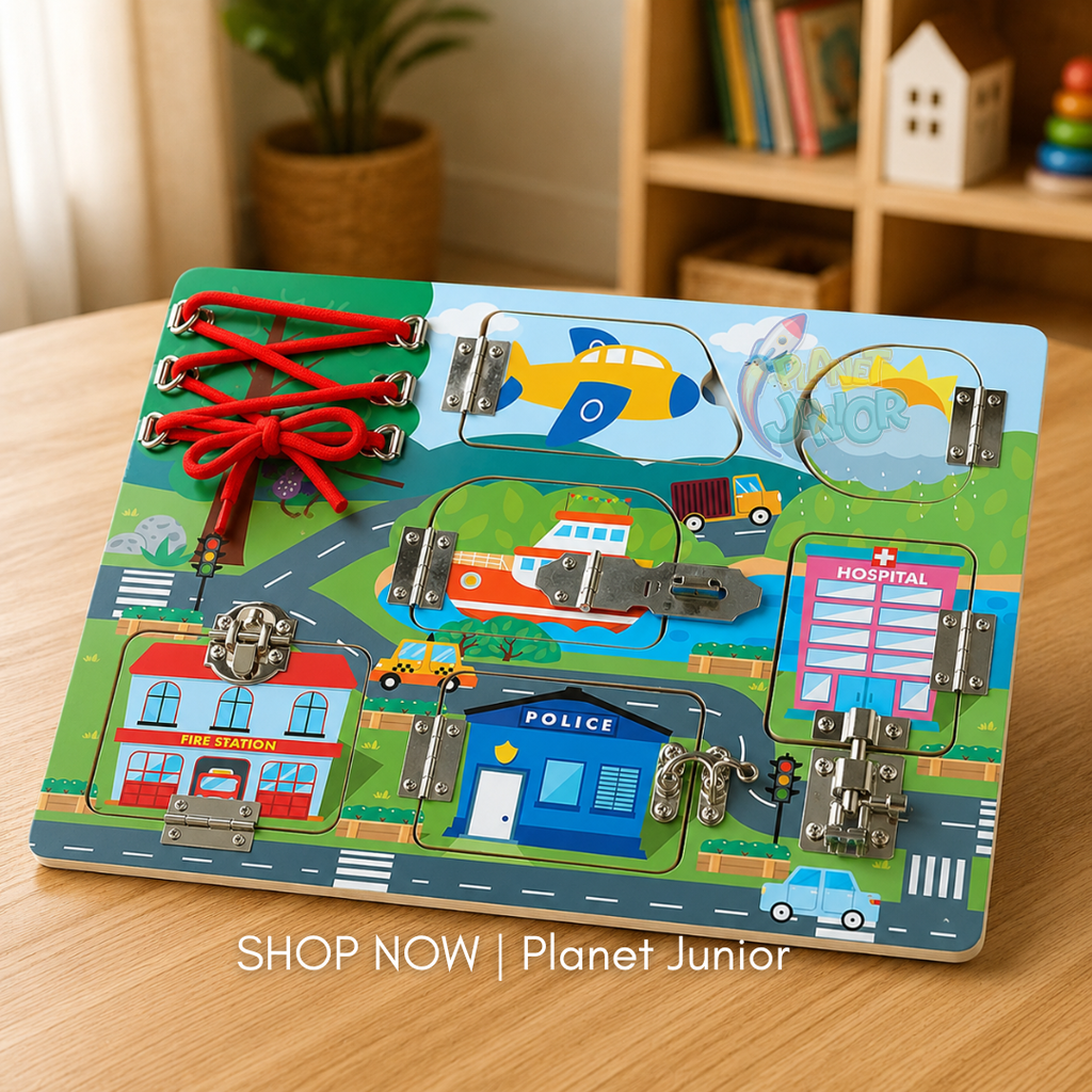 Wooden Transportation Busy Board with Locks, Latches & Lacing Activities