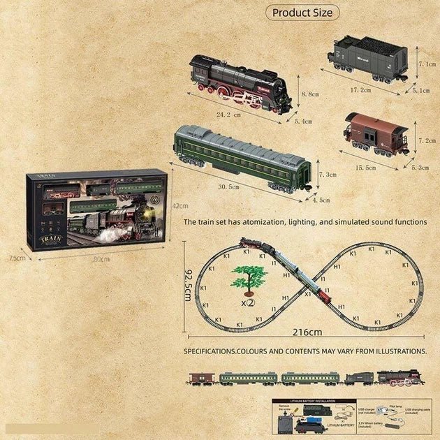 Classical Railroad R/C Steam Train Set with Real Steam, Lights & Sounds (660+ cm Track)