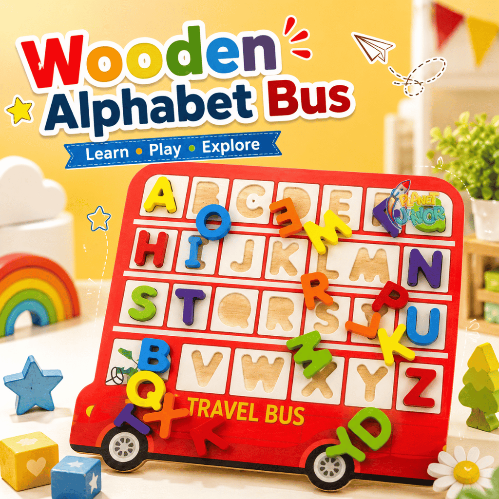 Wooden Alphabet Matching Puzzle Board – Travel Bus Theme