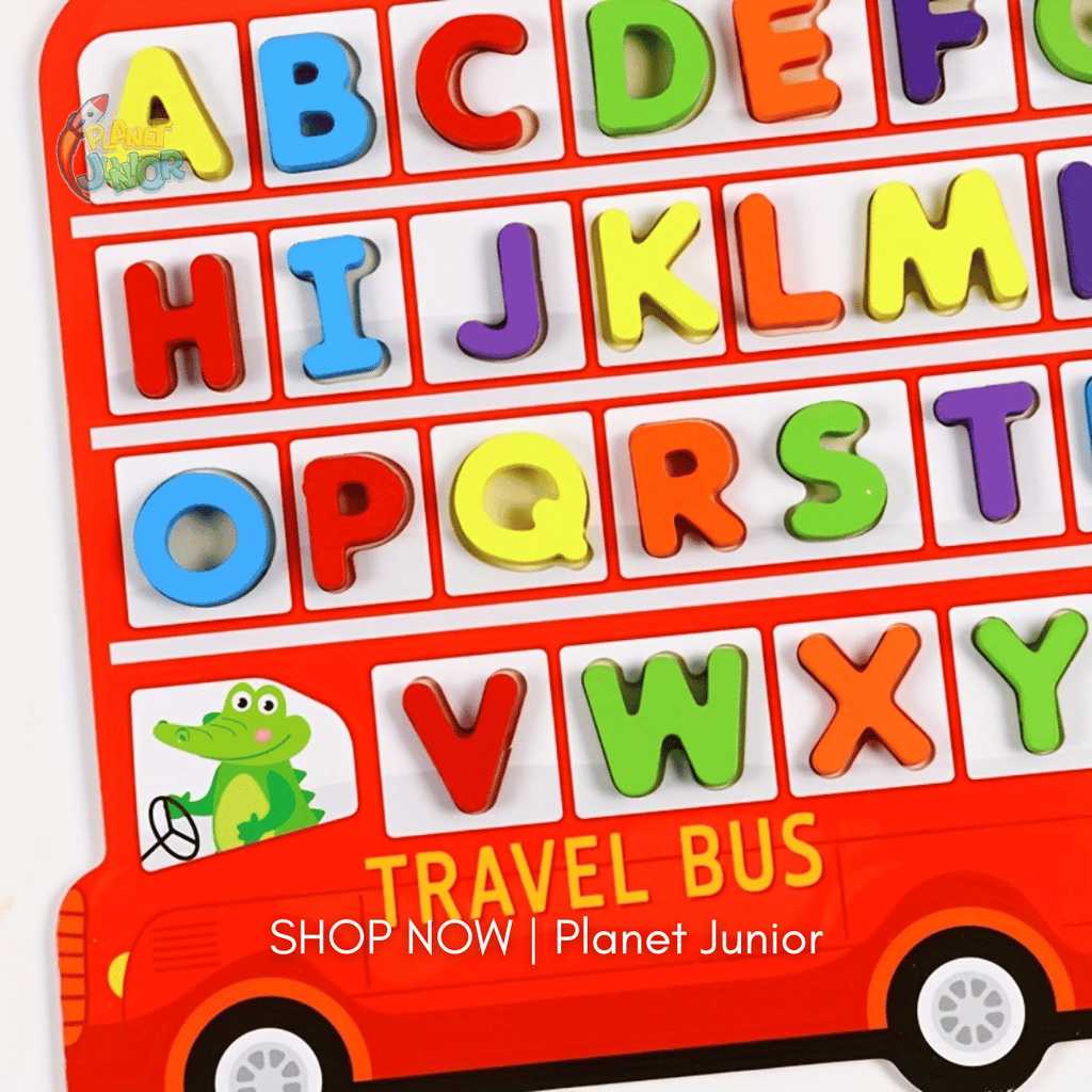 Wooden Alphabet Matching Puzzle Board – Travel Bus Theme