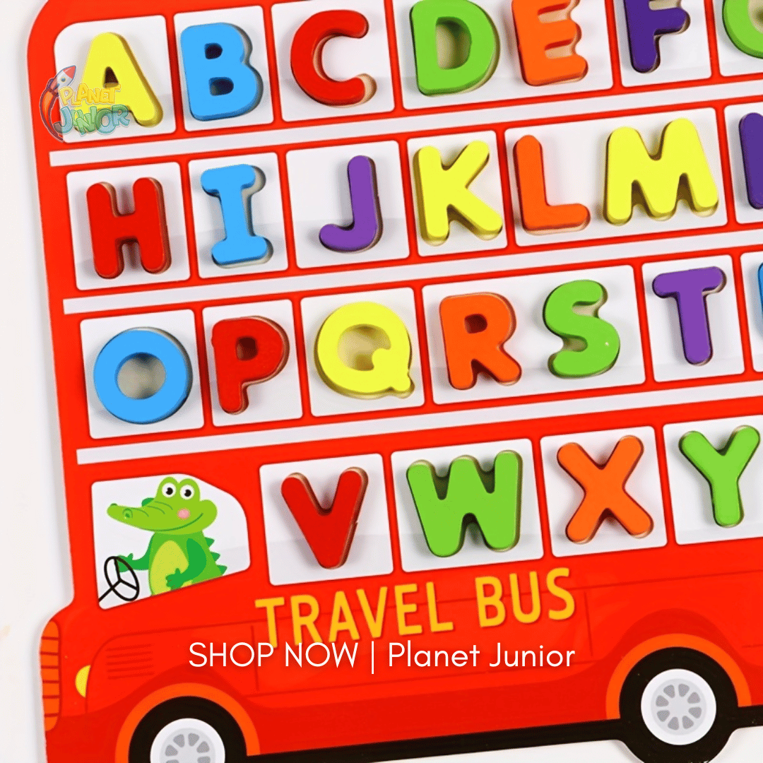 Wooden Alphabet Matching Puzzle Board – Travel Bus Theme