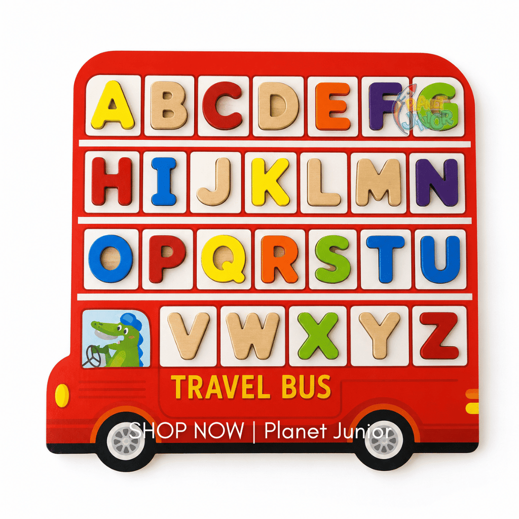 Wooden Alphabet Matching Puzzle Board – Travel Bus Theme
