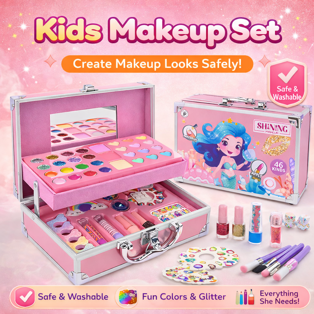 46-Piece Kids Makeup Kit in Aluminum Carry Case – Washable Pretend Play Beauty Set 💄✨