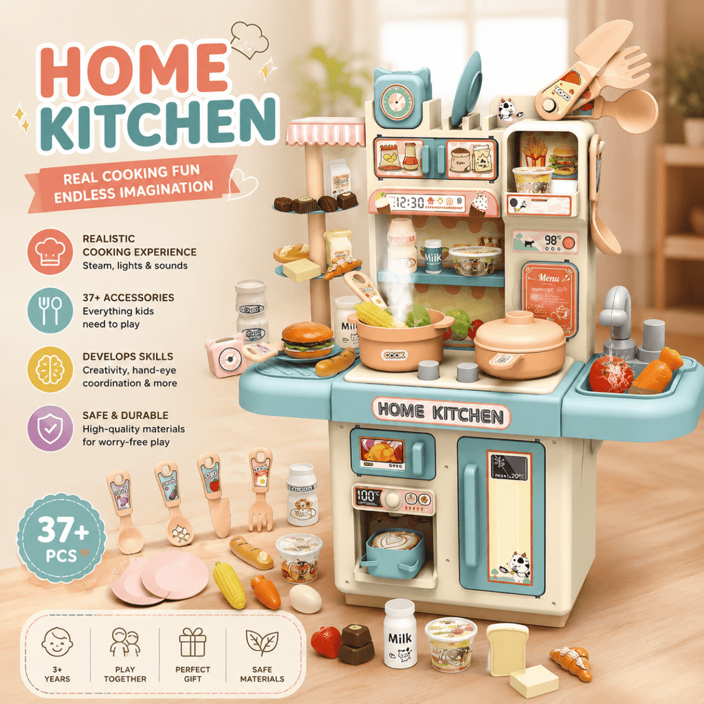 Pretend Play Kitchen Cooking Set with Spray Steam Effect, Pressure Pot & Food Accessories
