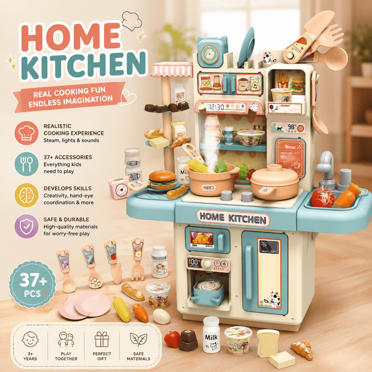 Pretend Play Kitchen Cooking Set with Spray Steam Effect, Pressure Pot & Food Accessories